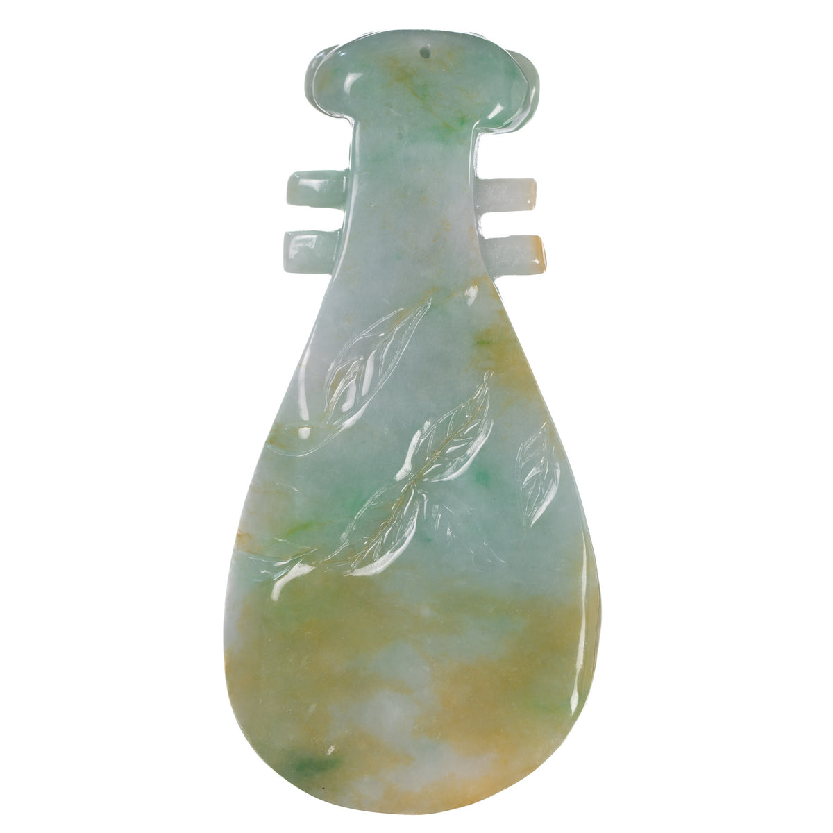 Carved Jade Musical Instrument Pipa Pendant with Flowers and Birds