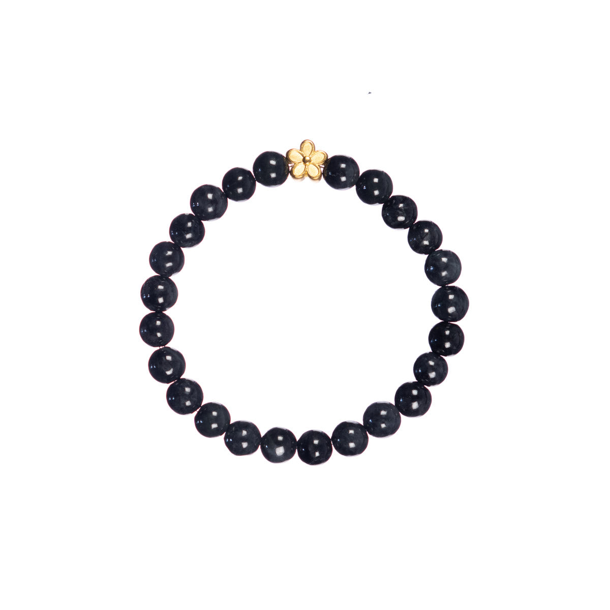 Women's Grey and Black Jadeite Jade Bead Bracelet with 24k Gold Flower - 7mm