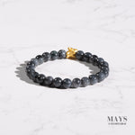 24k Gold Rabbit Jadeite Bead Bracelet - 7mm Black and Grey Beads