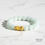 Pale Green Jadeite Jade Bead Bracelet with 24K Gold Pixiu - 10mm