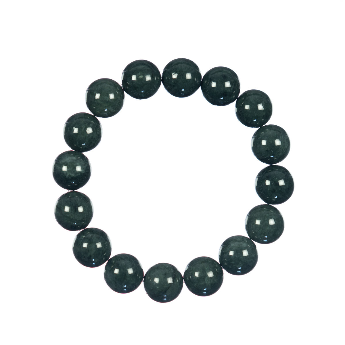 Mens Dark Green Jadeite Jade Bead Bracelet - 12mm
