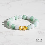 Light Green and White Jadeite Jade Bead Bracelet with 24K Gold Pixiu