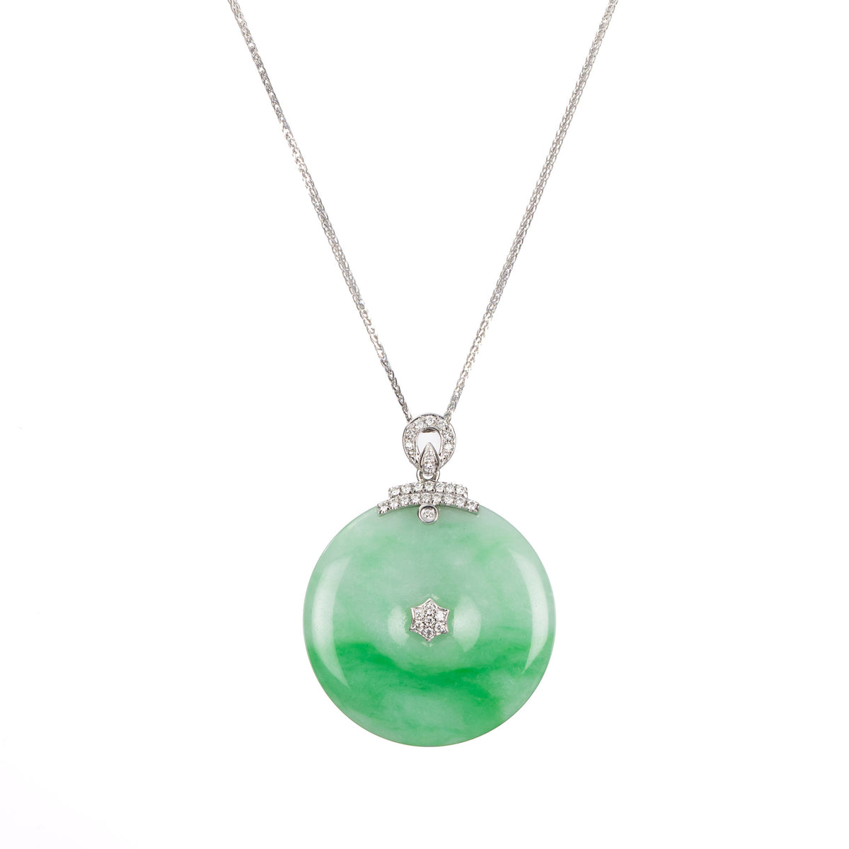 Grade A Jade Bi Disc Pendant in 18K White Gold & Diamonds