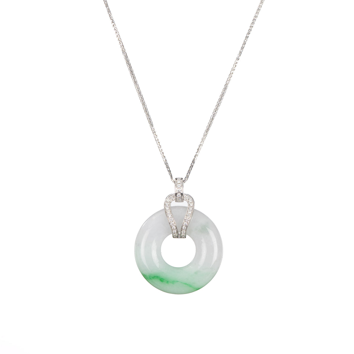 Green and White Jade Donut Pendant in 18K White Gold