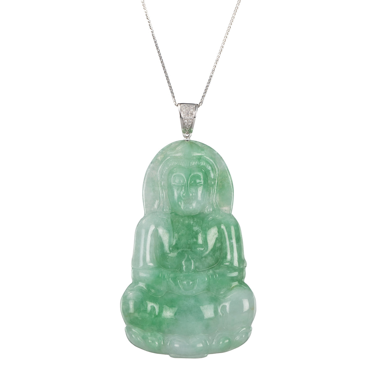 Emerald Green Guanyin Jade Pendant - 18K White Gold