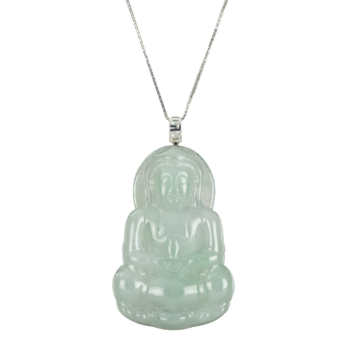 18K White Gold Light Green GuanYin Jade Pendant