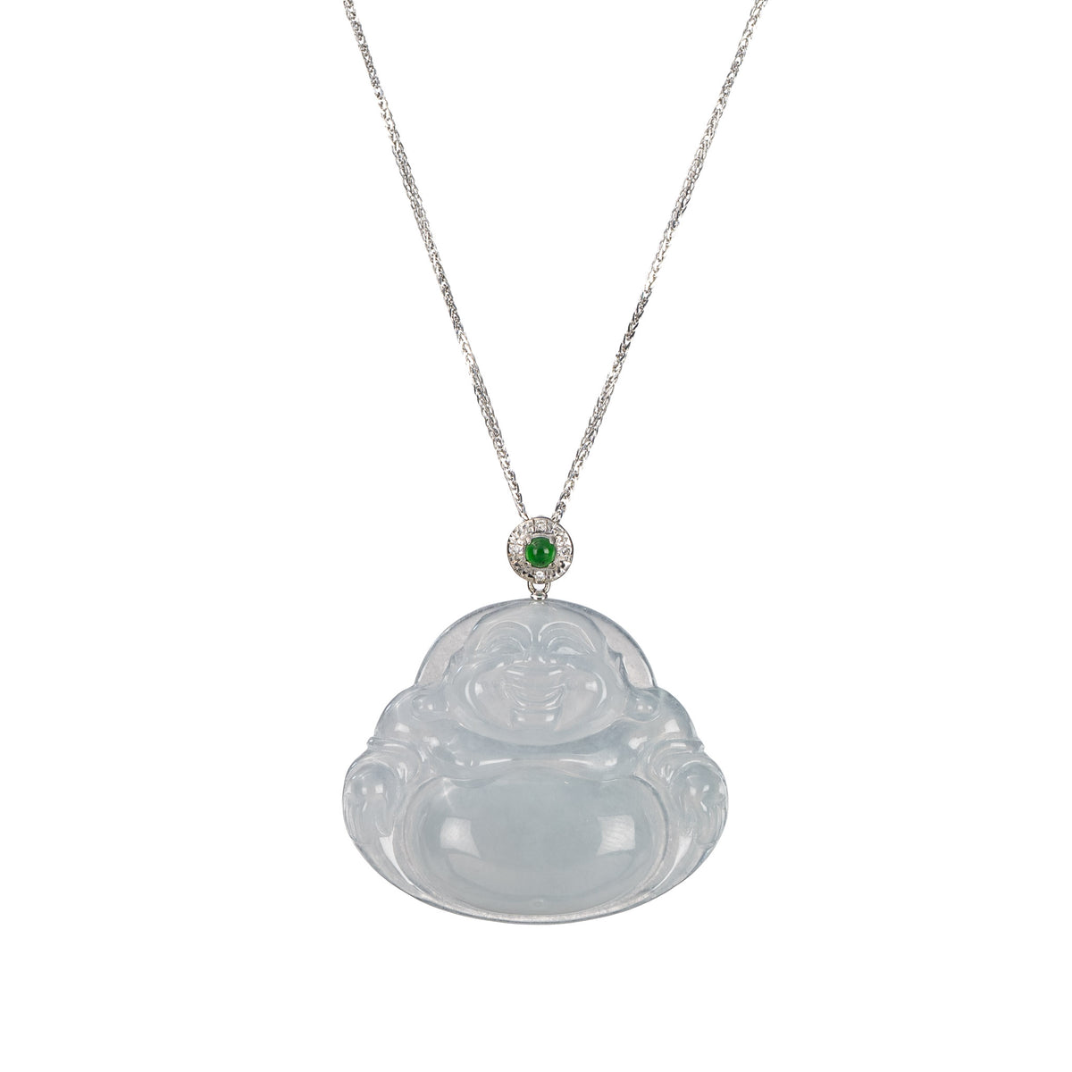 Icy Laughing Buddha Jadeite Jade Necklace - 18K White Gold