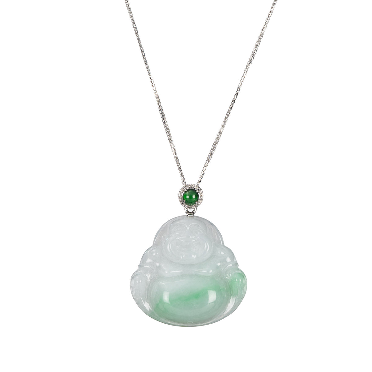 Apple Green & White Laughing Buddha Jadeite Jade Necklace