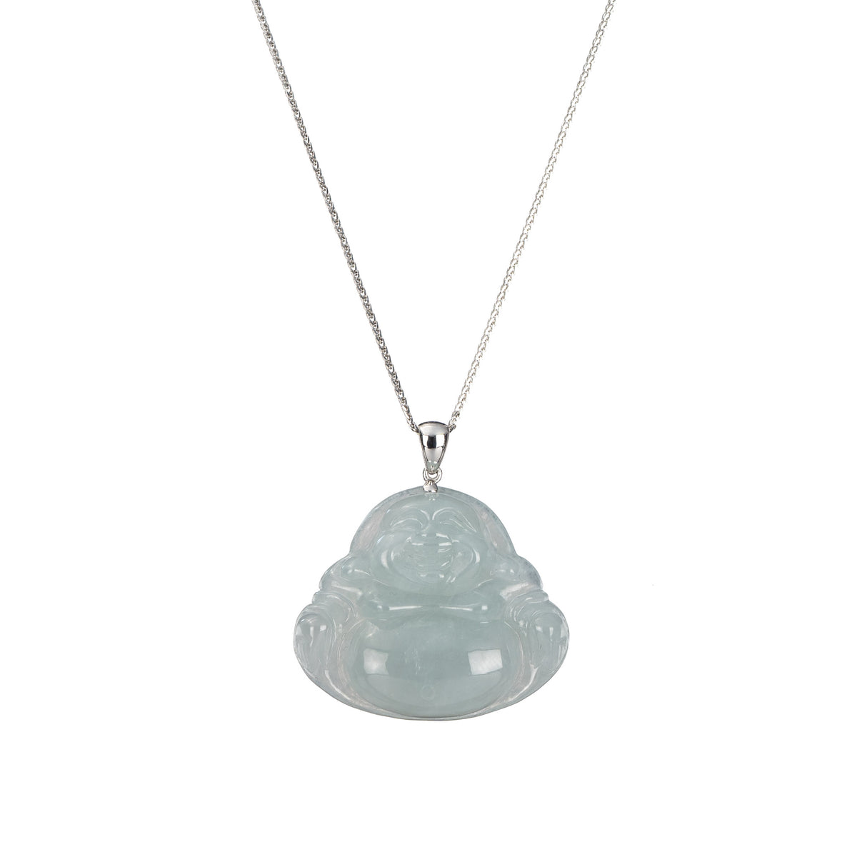 18K White Gold Laughing Buddha Jadeite Jade Pendant