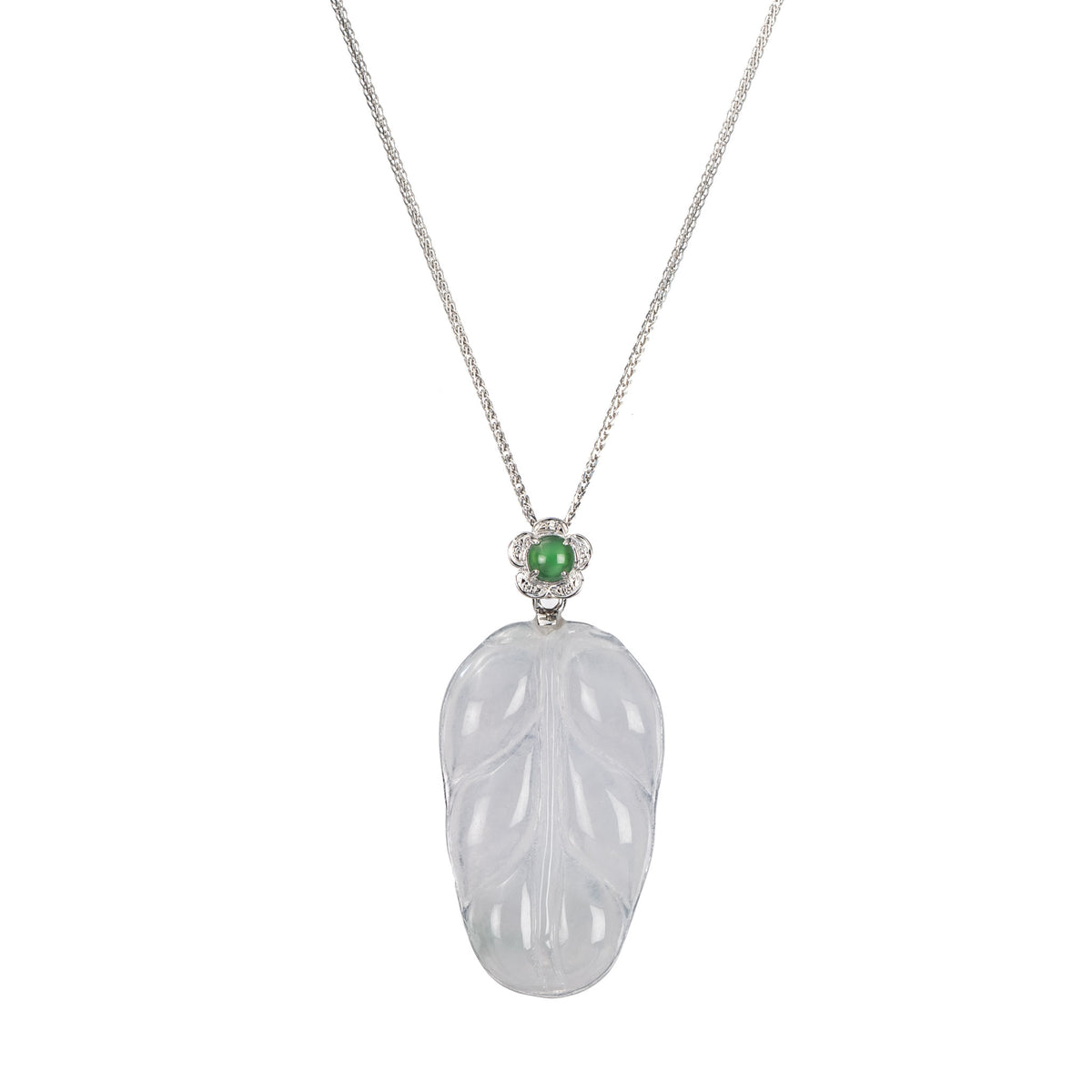 18K White Gold Leaf Jadeite Jade Necklace for Women