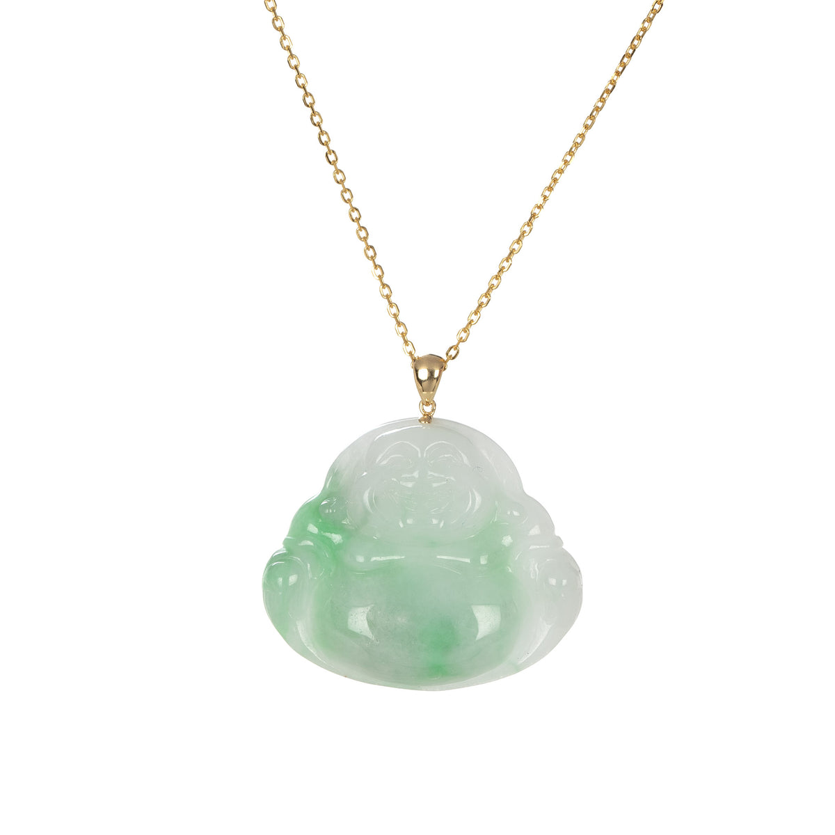 Real Laughing Buddha Jadeite Jade Necklace - 18K Yellow Gold