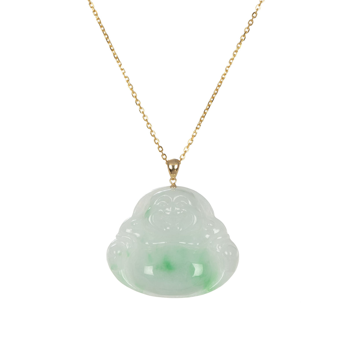 Untreated Happy Buddha Jade Necklace - 18K Yellow Gold