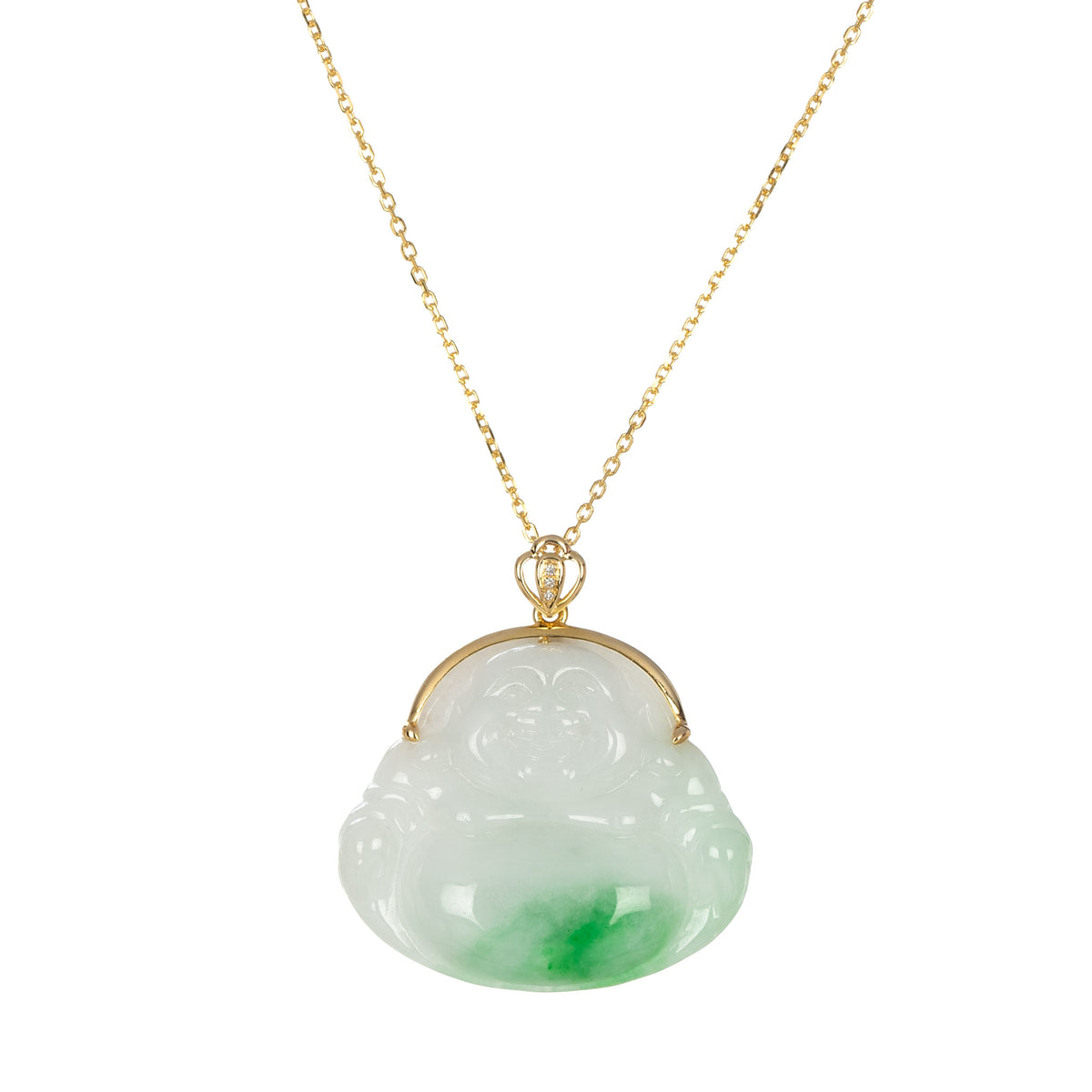 18K Happy Buddha Jadeite Jade Necklace - 18K Yellow Gold