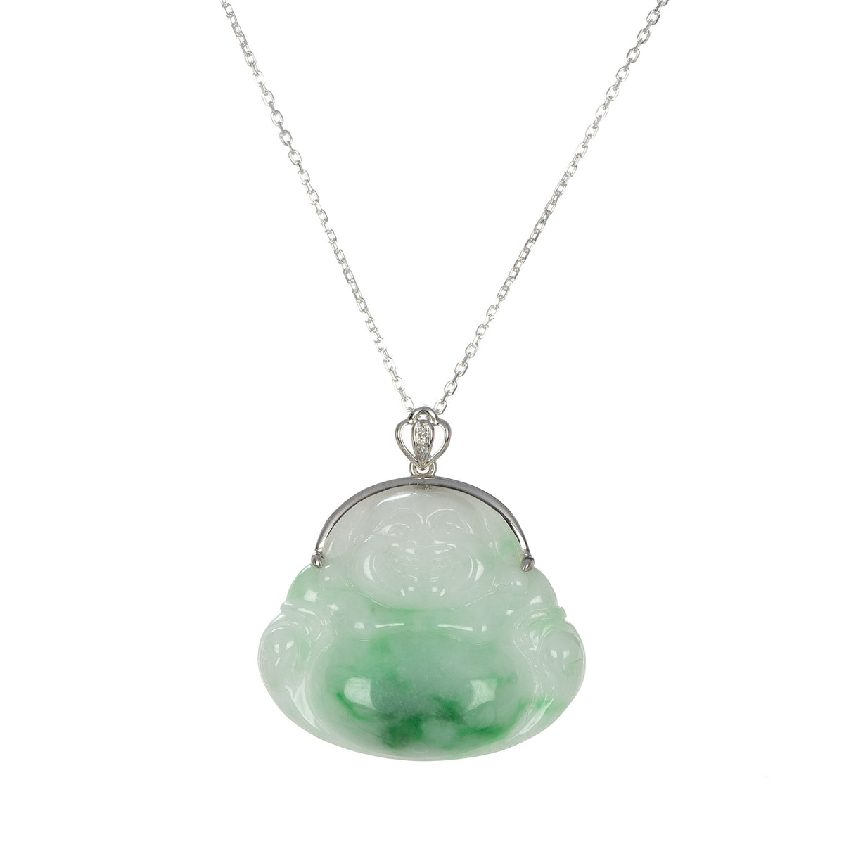 Untreated Happy Buddha Jade Necklace - 18K White Gold