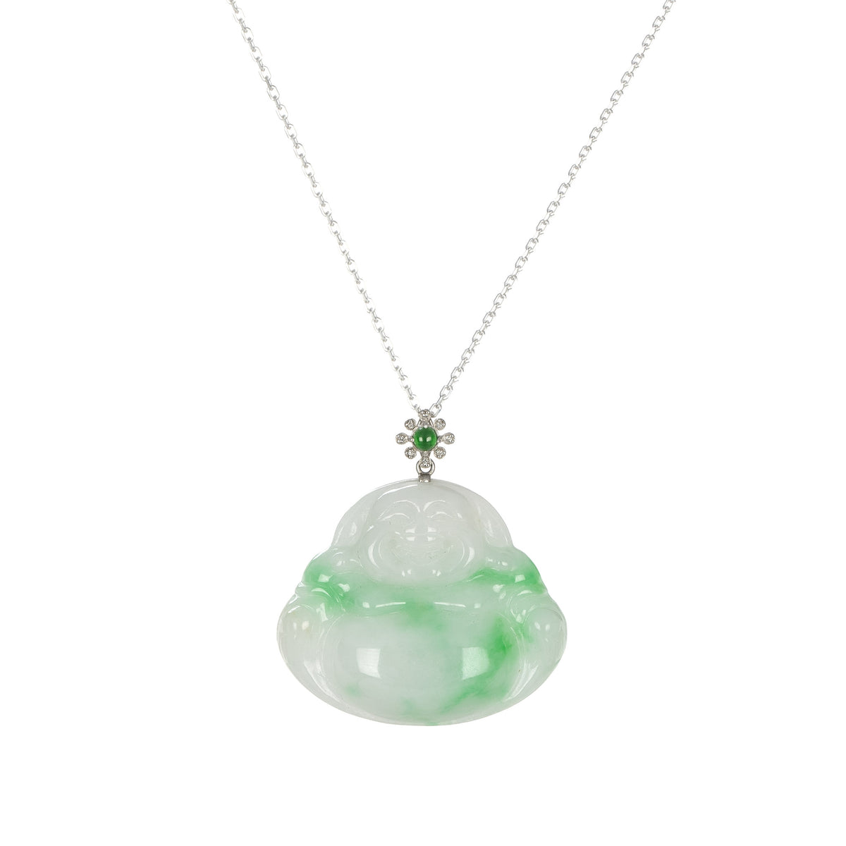 18K Lucky Buddha Burmese Jade Necklace - 18K White Gold