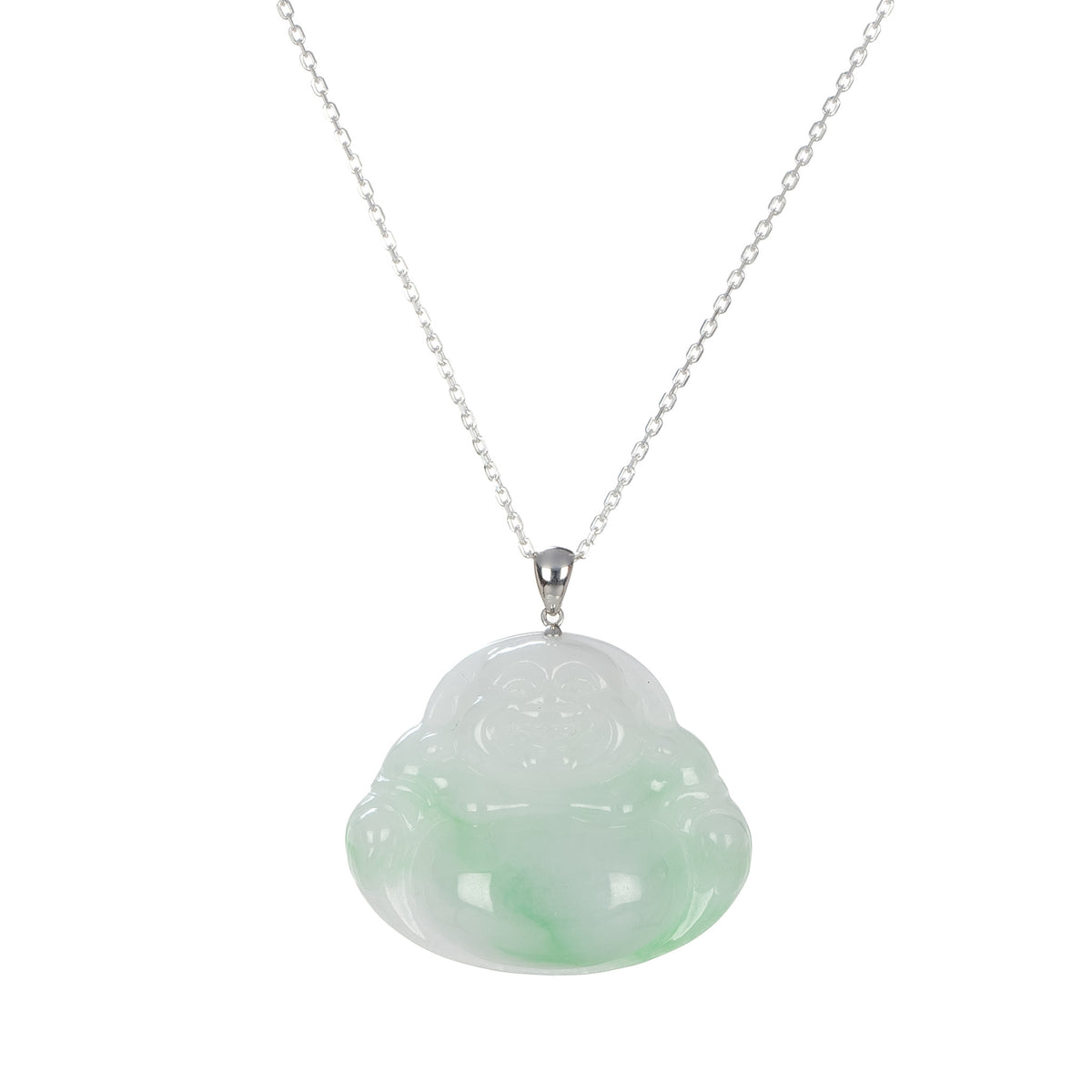 Untreated Lucky Buddha Jadeite Necklace - 18K White Gold