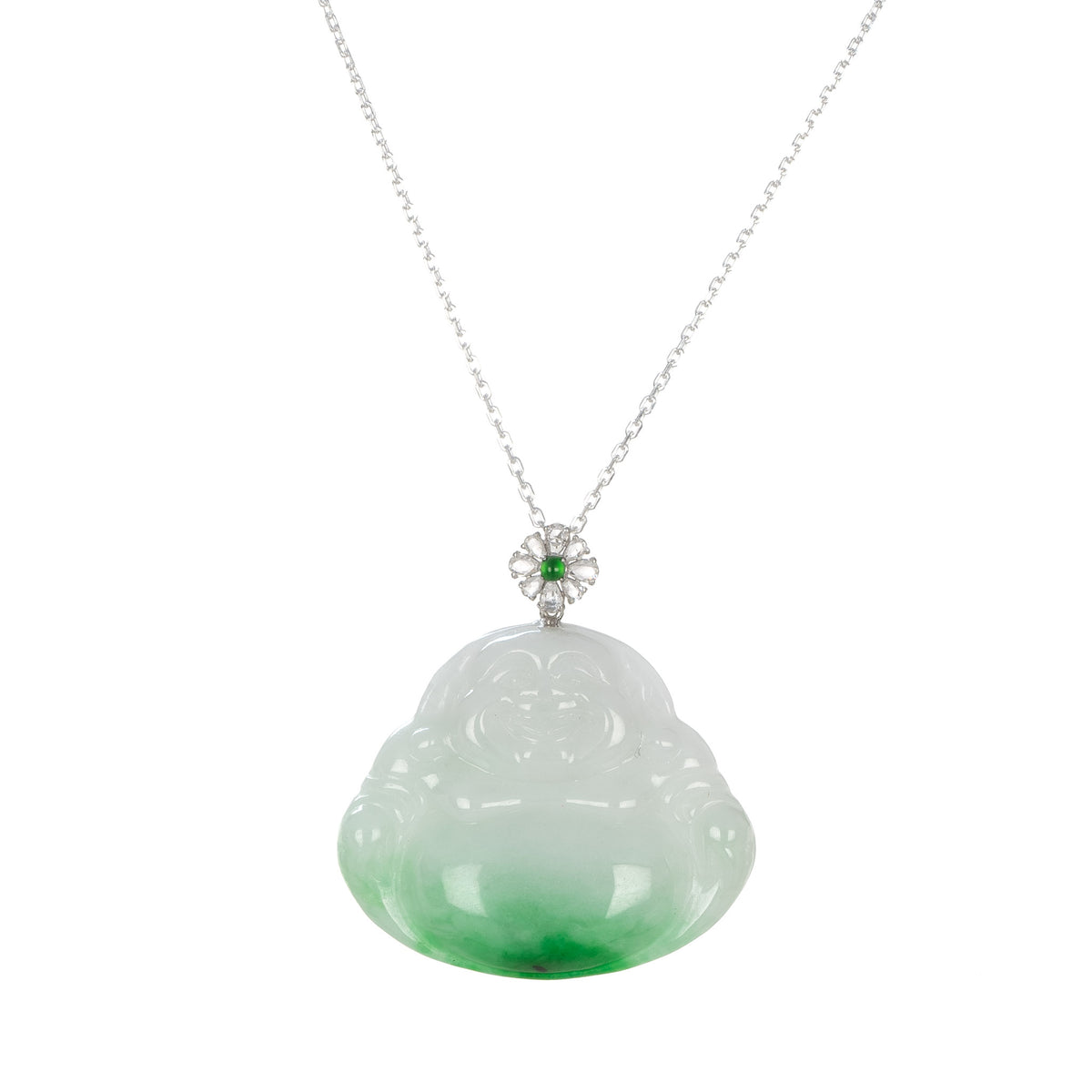 18K Wealth Buddha Jade Necklace - 18K White Gold