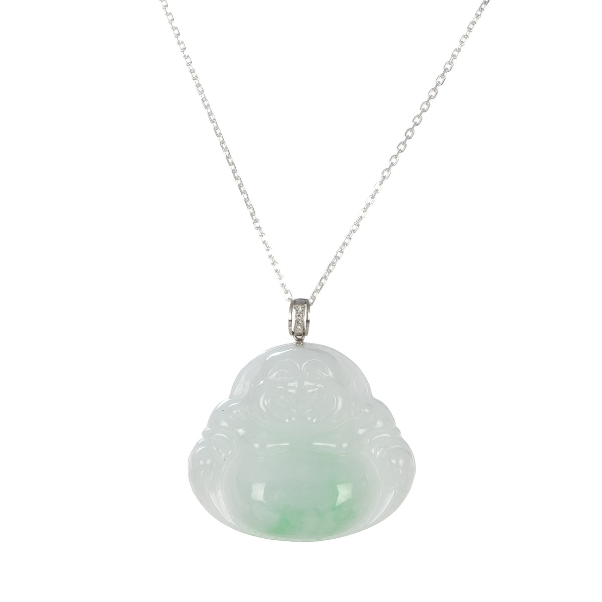 18K Fat Buddha Traditional Jade Necklace - 18K White Gold