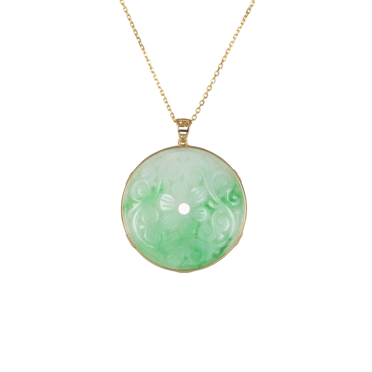 Carved Jade Pi Disc Pendant with 18K Yellow Gold