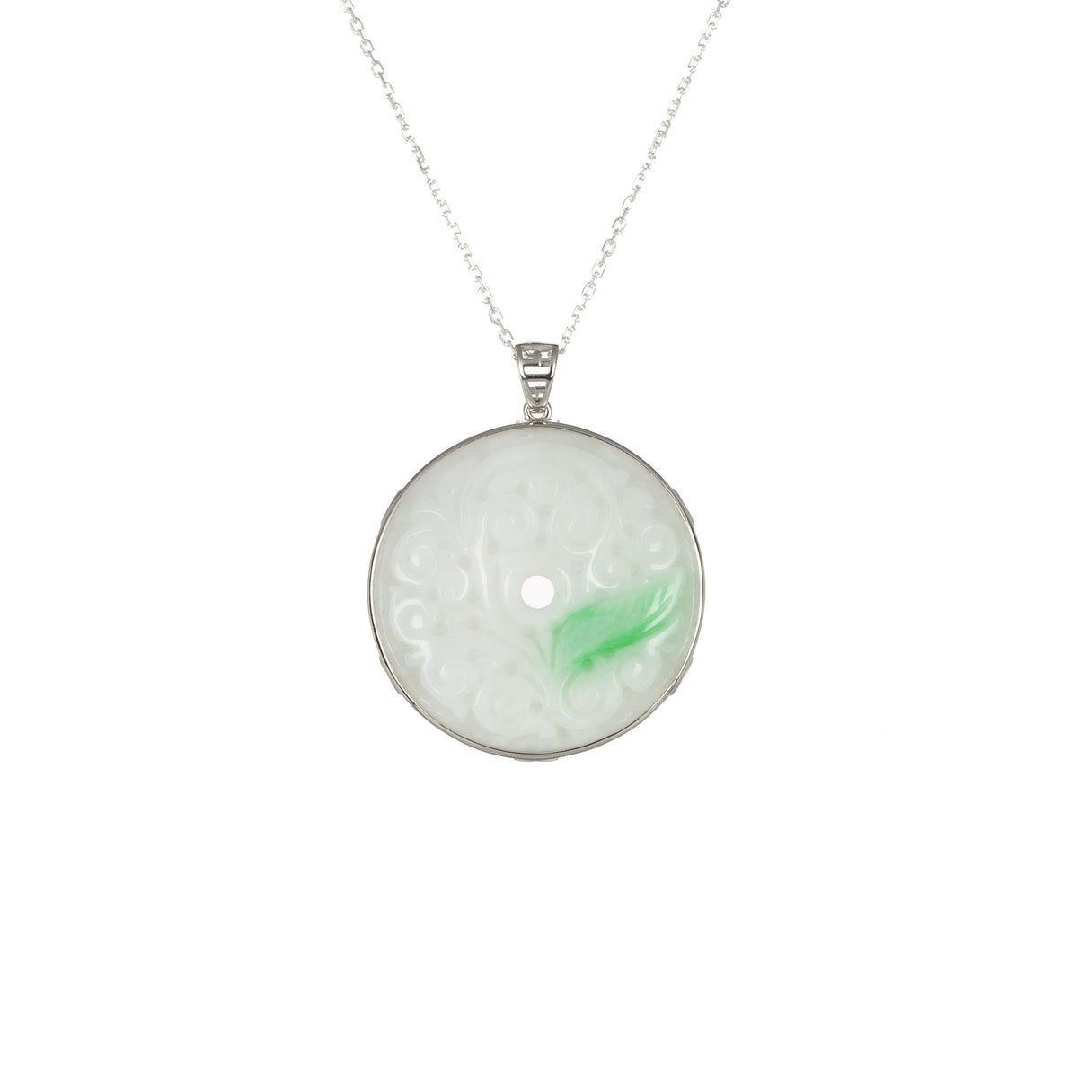 18K White Gold Carved Jade Pi Disc Necklace