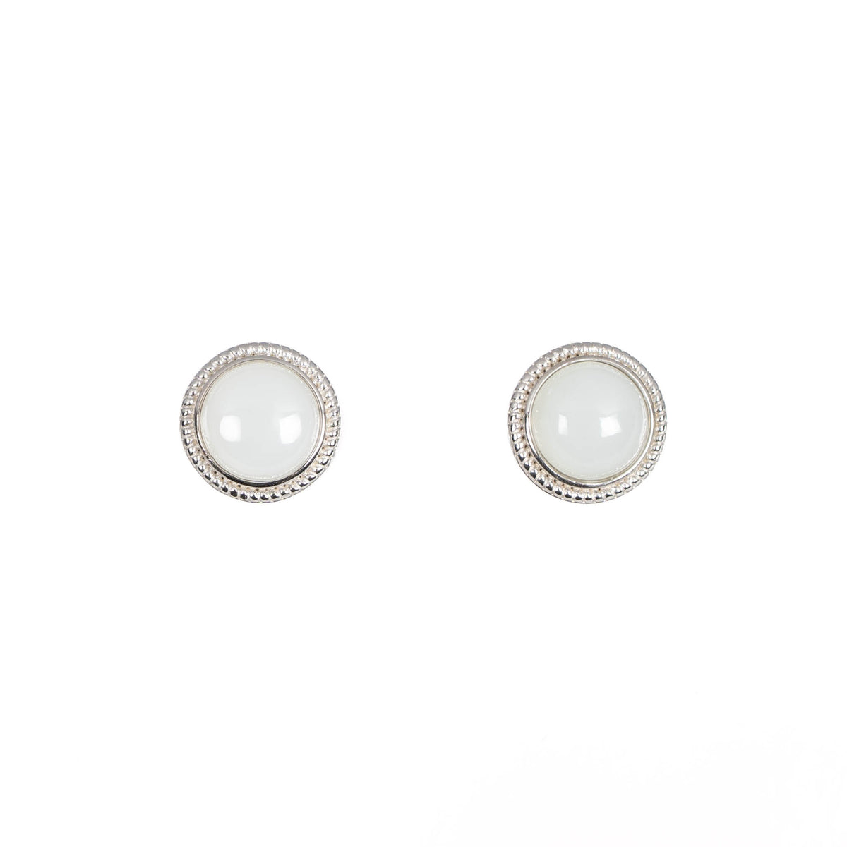 Aurora – White Jade Round Stud Earrings in Sterling Silver with Milgrain Edge