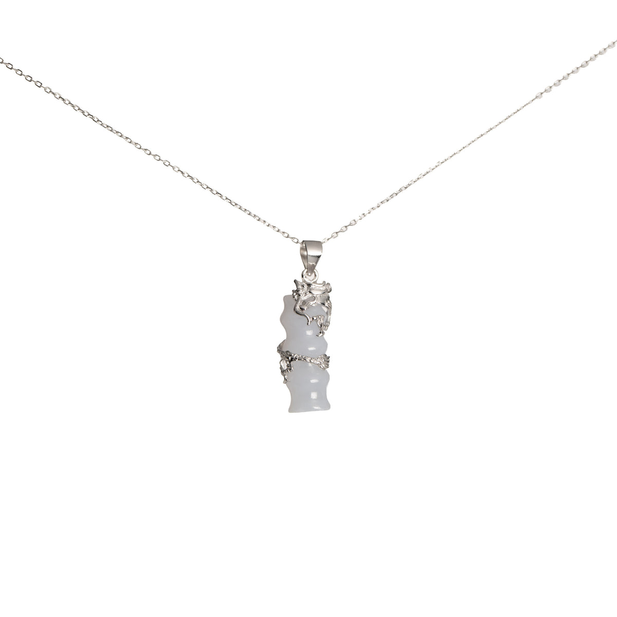 Dragon Bamboo Jadeite Jade Pendant in Sterling Silver
