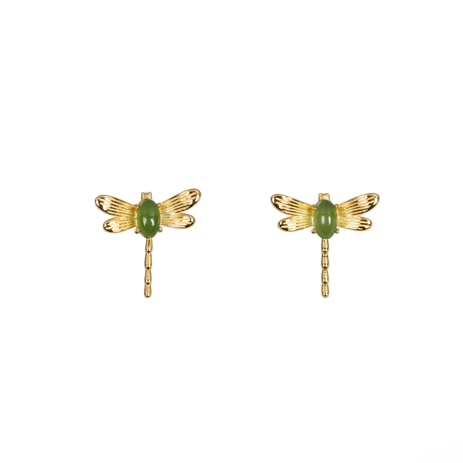 Jade Dragonfly Studs – Green Nephrite Jade Earrings in Gold
