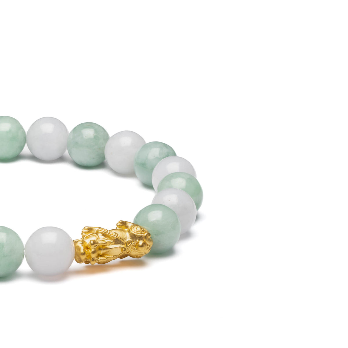 Light Green and White Jadeite Jade Bead Bracelet with 24K Gold Pixiu