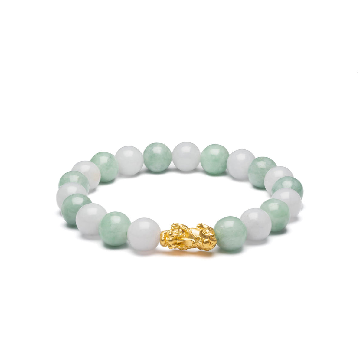 Light Green and White Jadeite Jade Bead Bracelet with 24K Gold Pixiu