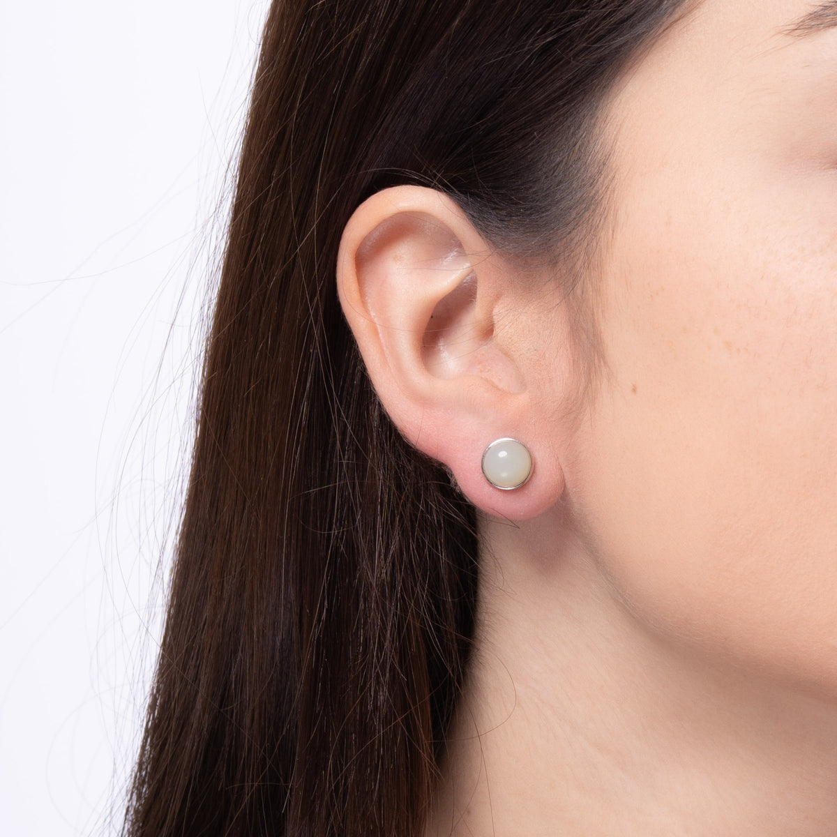 Luna – Minimalist White Jade Round Stud Earrings in Sterling Silver