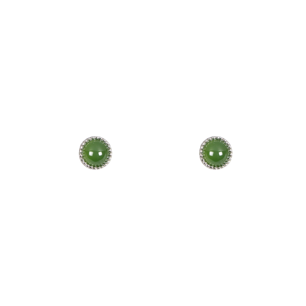 Evergreen – Nephrite Jade Stud Earrings in Sterling Silver with Beaded Bezel