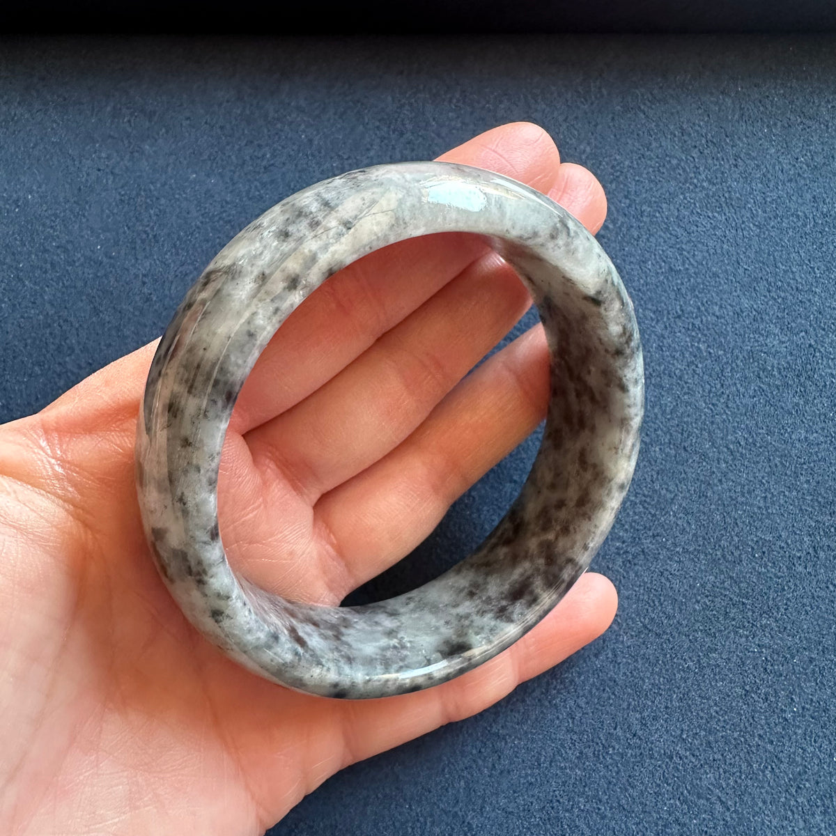 Genuine Natural Grey Pattern Burmese Jade Bracelet - 59mm Half Moon