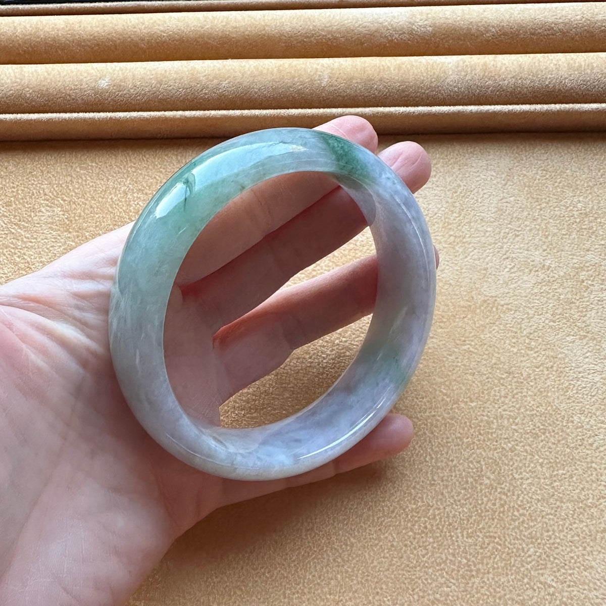 Certified Untreated Lavender with Green Pattern Traditional Jade Bangle - 62mm Half Moon