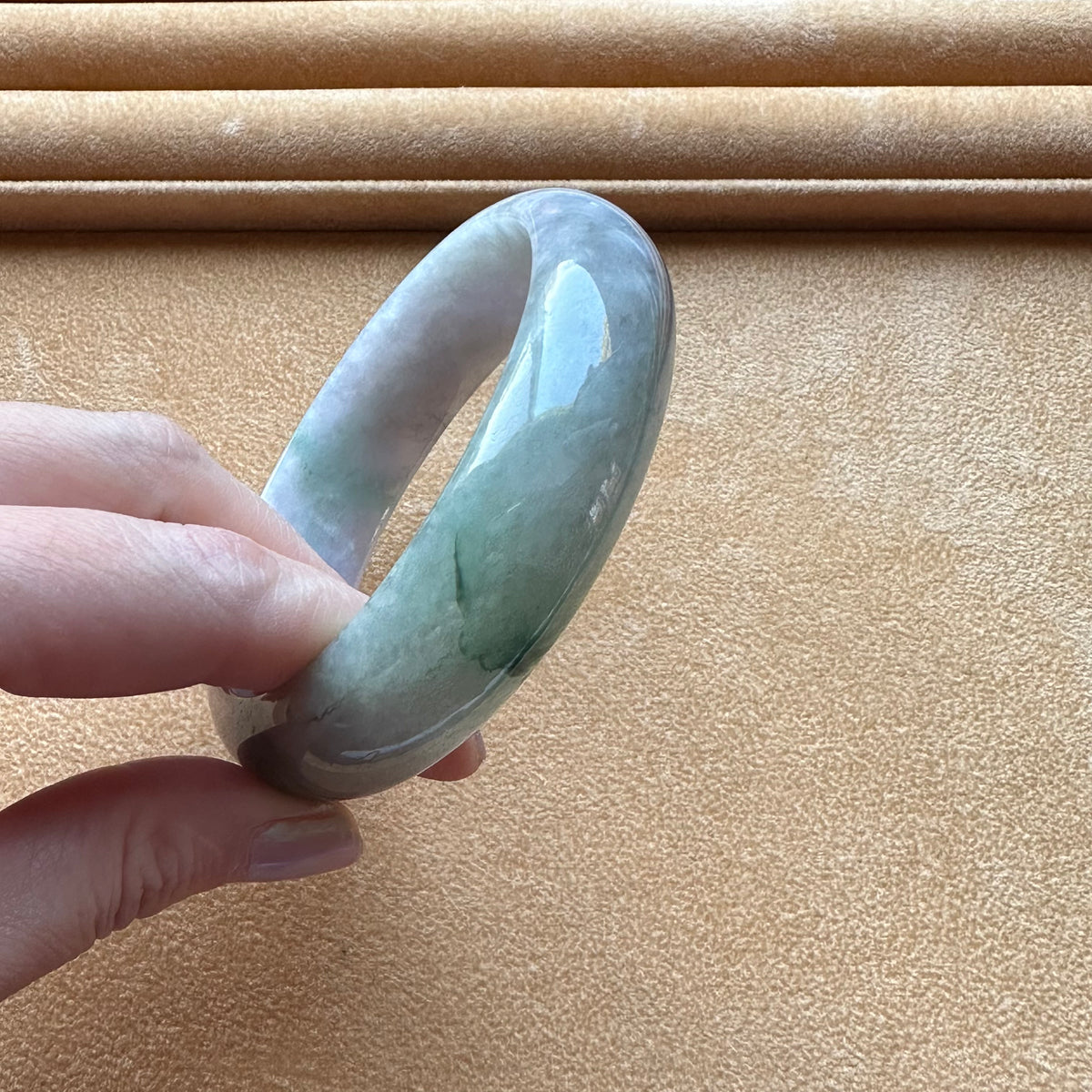 Certified Untreated Lavender with Green Pattern Traditional Jade Bangle - 62mm Half Moon