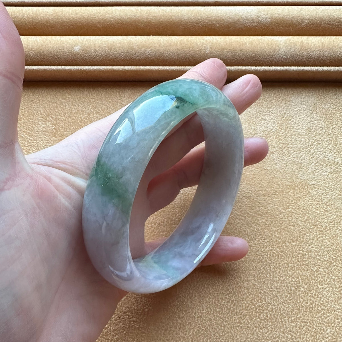 Certified Untreated Lavender with Green Pattern Traditional Jade Bangle - 62mm Half Moon
