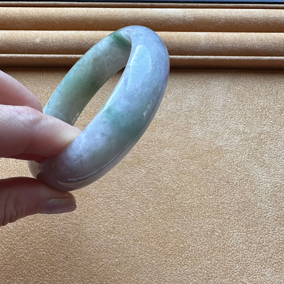 Certified Untreated Lavender with Green Pattern Traditional Jade Bangle - 62mm Half Moon