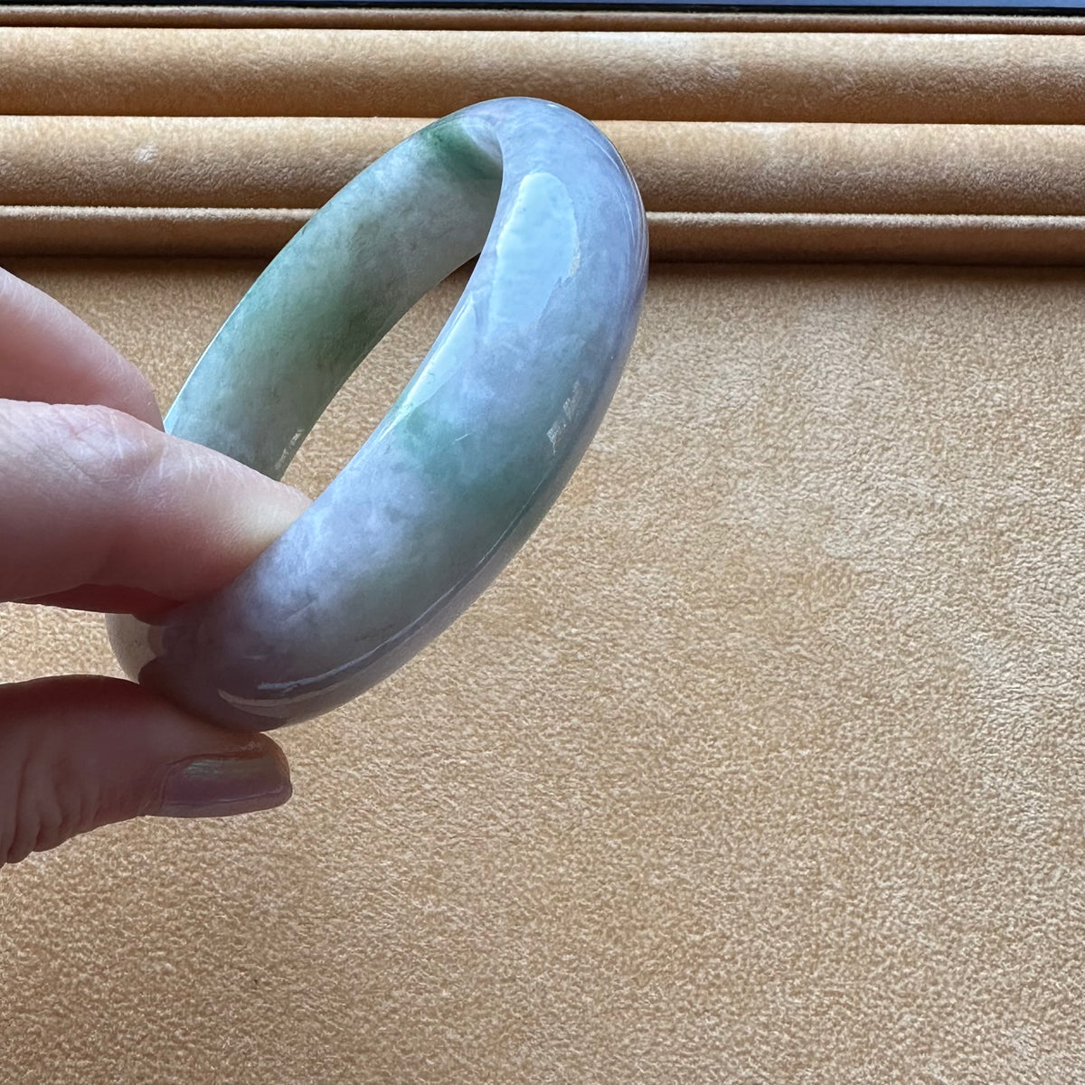 Certified Untreated Lavender with Green Pattern Traditional Jade Bangle - 62mm Half Moon