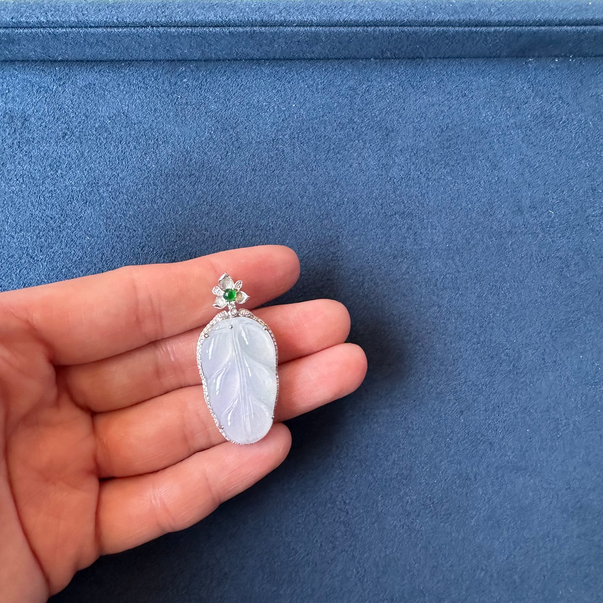 Icy Jade Leaf Pendant in 18K White Gold with Imperial Green Jade & Diamonds