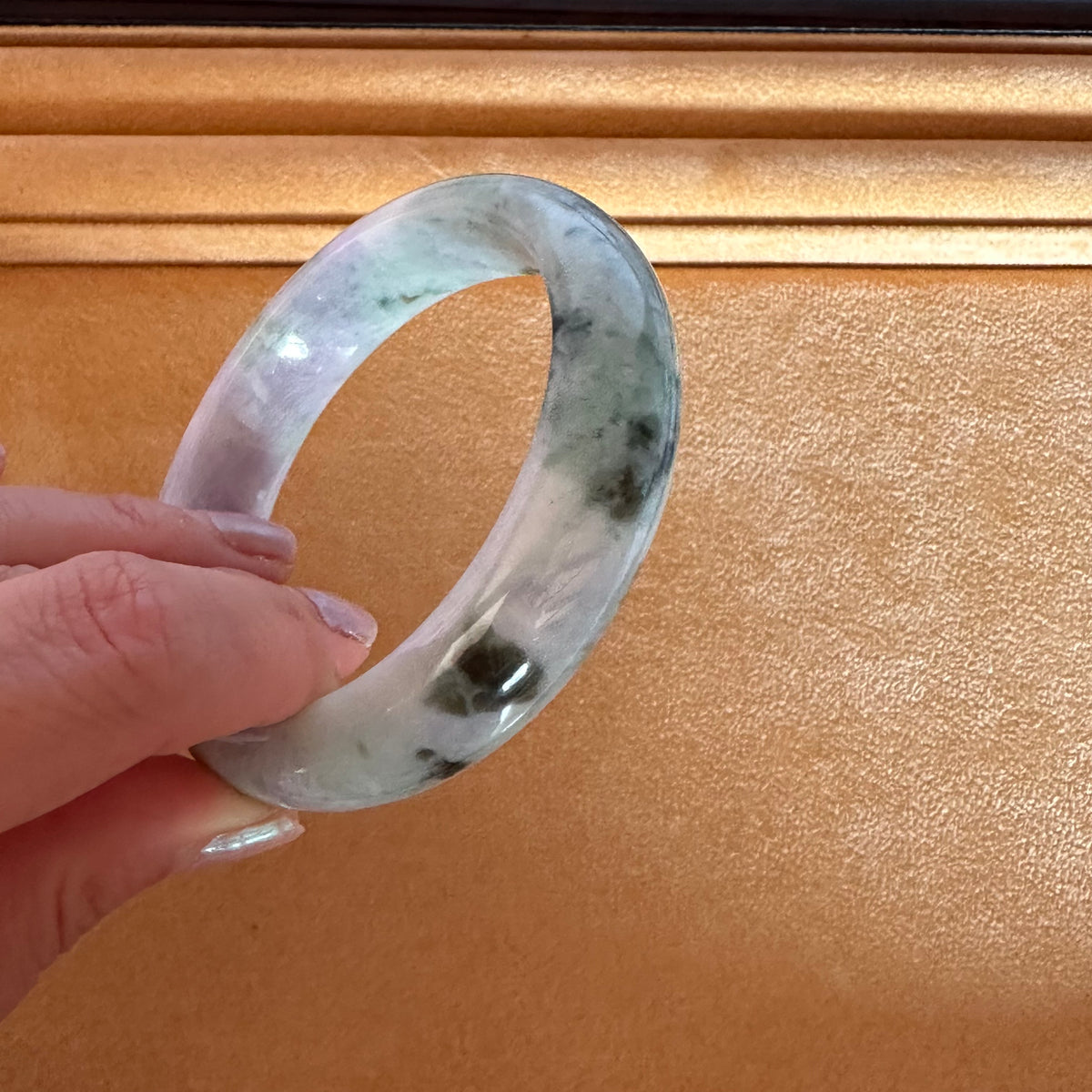 57.9mm Pale Green with Lavender and Olive Green Patterns Jade Bangle Bracelet