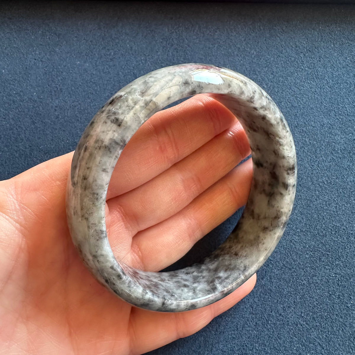 Genuine Natural Grey Pattern Burmese Jade Bracelet - 59mm Half Moon