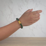 Mens Dark Green Jadeite Jade Bead Bracelet with 24K Gold Pixiu