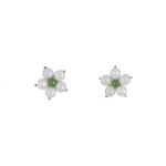 A pair of sterling silver floral stud earrings with white and green jade stones.