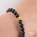 Women's Grey and Black Jadeite Jade Bead Bracelet with 24k Gold Flower - 7mm