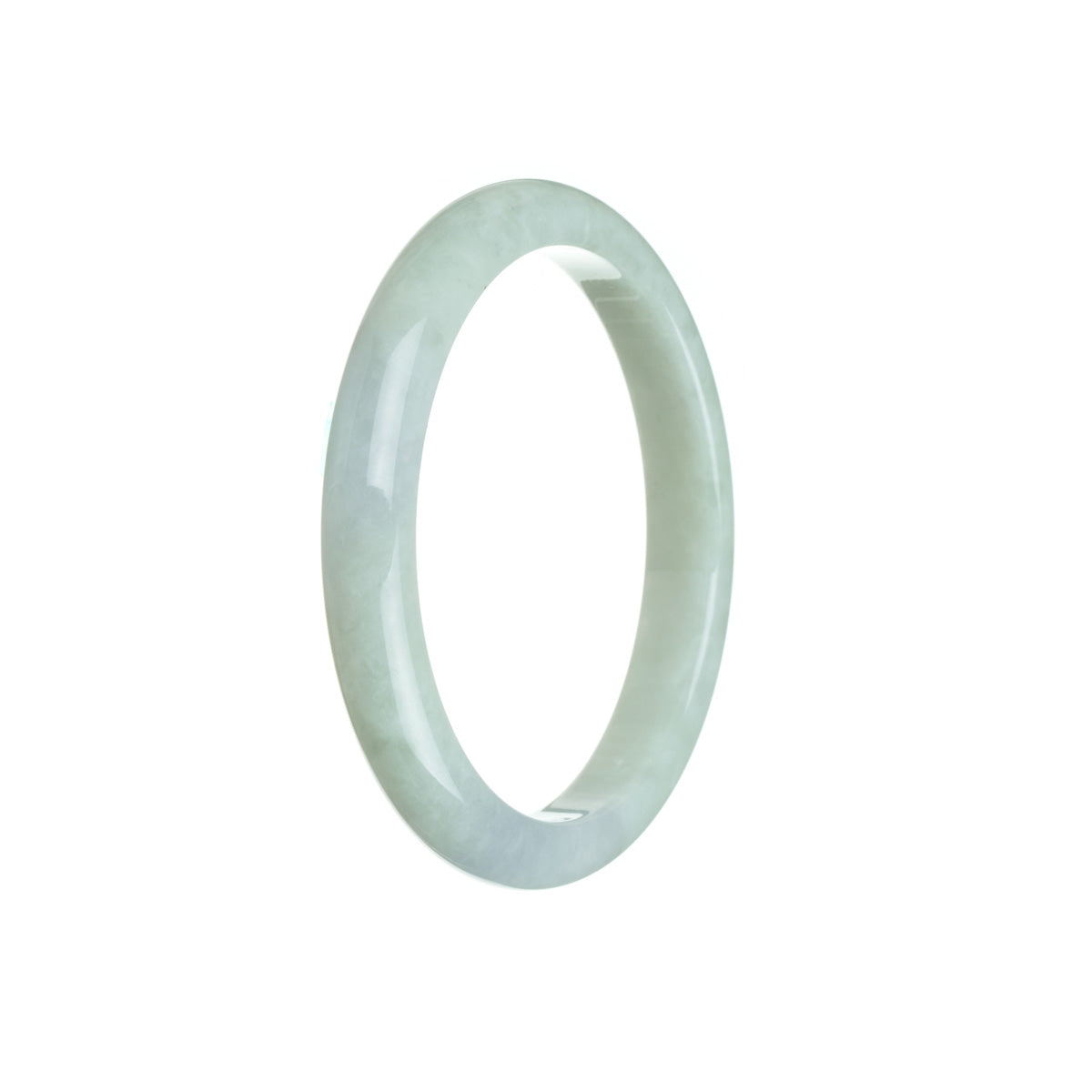 A close-up photo of a pale green traditional jade bangle with a semi-round shape, measuring 56mm. It is made of high-quality jade and has a smooth, polished surface. The jade bangle features a beautiful, natural color with subtle variations and intricate patterns. Perfect for those who appreciate the elegance of traditional jade jewelry.