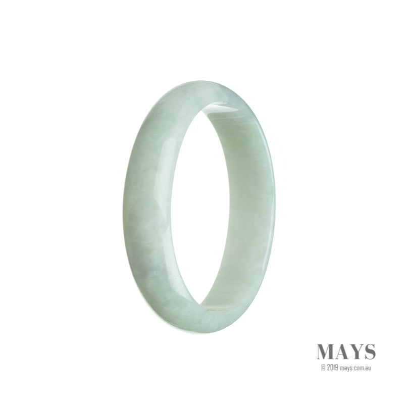 A close-up image of a very pale green jadeite bracelet with an oval shape, measuring 56mm. This bracelet is certified as Grade A quality and is from the brand MAYS™.