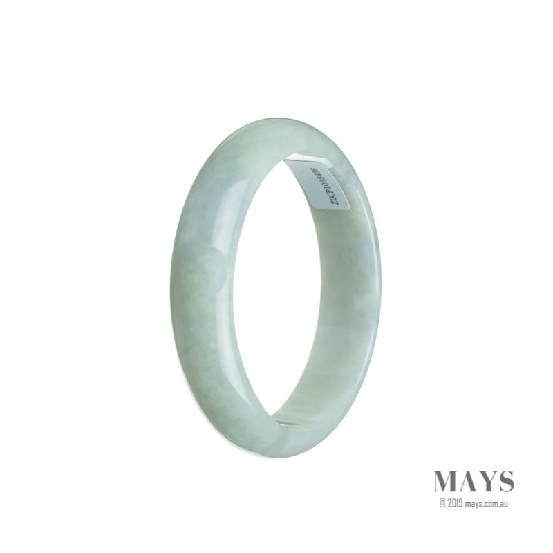 An oval-shaped, authentic Grade A Pale Green Jadeite Jade bangle bracelet, measuring 55mm in size. Perfect for adding a touch of elegance and natural beauty to any outfit. Made by MAYS.