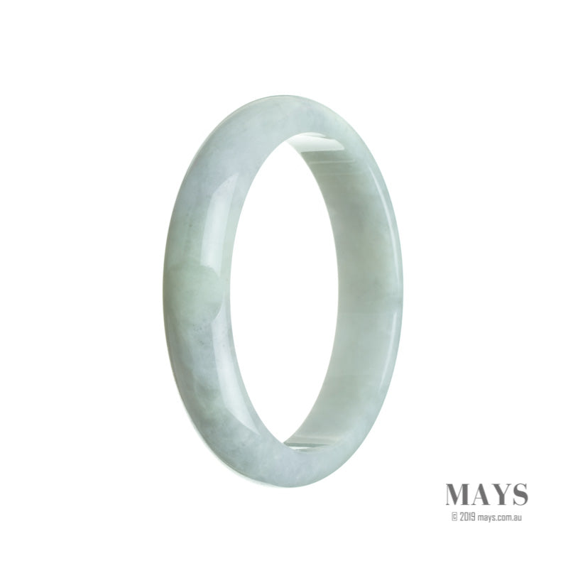 A stunning real grade A jade bangle with a very pale green color, delicately complemented by hints of lavender. The bangle is in a 60mm half moon shape, making it a unique and elegant piece. Perfect for adding a touch of sophistication to any outfit. From MAYS GEMS.