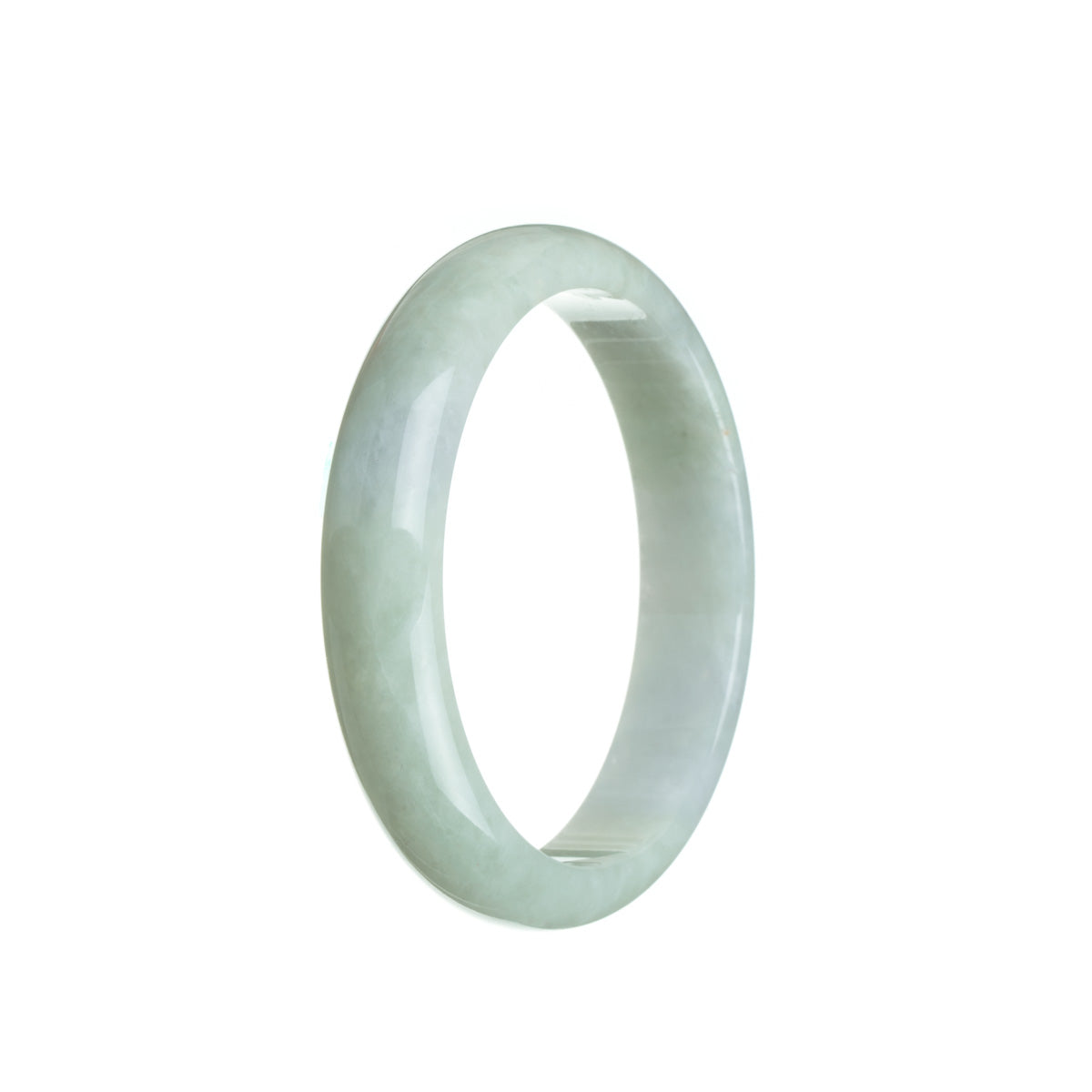 A close-up image of a pale green jadeite jade bangle bracelet in a half-moon shape, showcasing its natural beauty and authenticity.