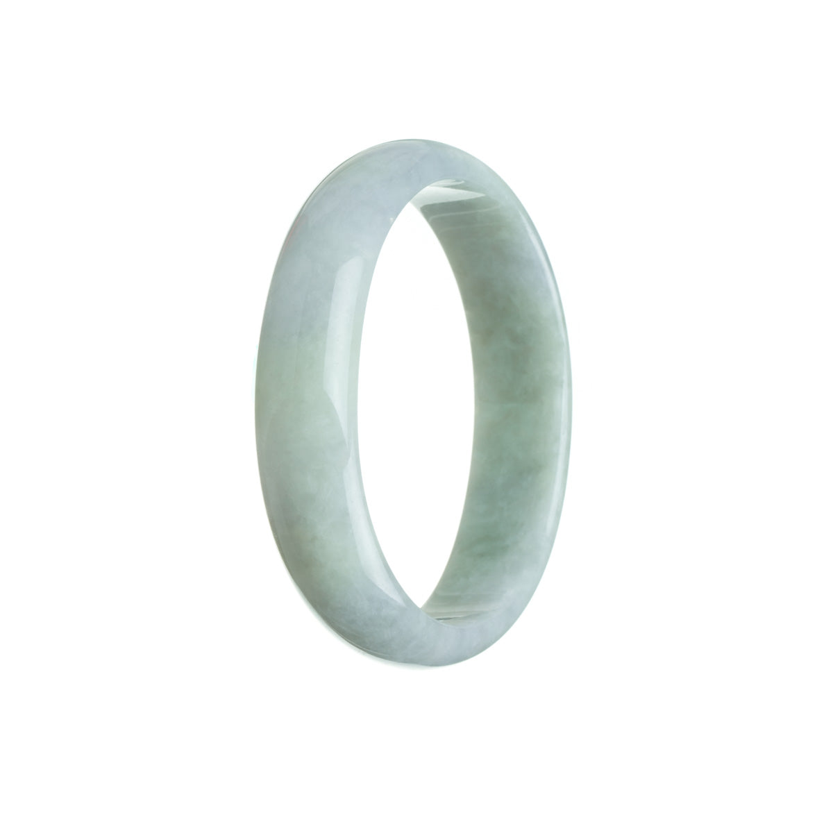 A stunning pale green jadeite jade bracelet with a hint of lavender, featuring an oval shape measuring 57mm. A beautiful piece from MAYS GEMS.