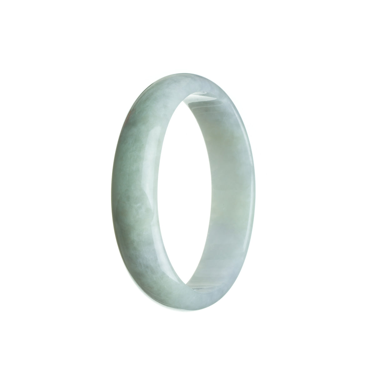 A close-up photo of a pale green traditional jade bracelet, with a slight lavender hue. The bracelet is oval-shaped and measures 57mm. Handcrafted with care by MAYS GEMS.